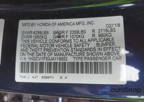 2018 Honda Accord Ex-L из США, поврежденный, VIN 1HGCV1F53JA119052